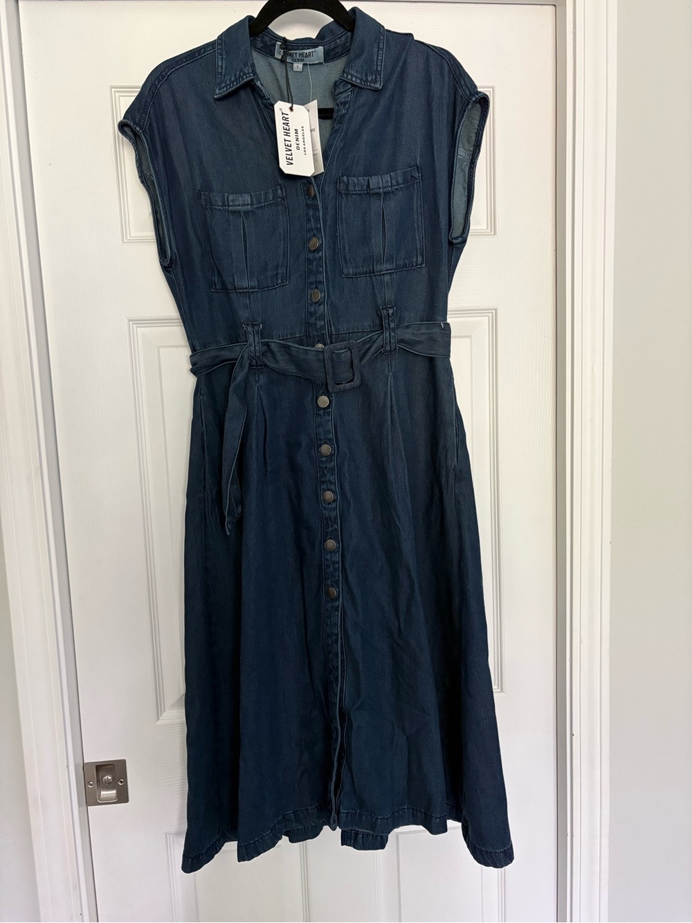 Velvet Heart Dark Blue Denim Midi Shirt Dress with Belt Size Small